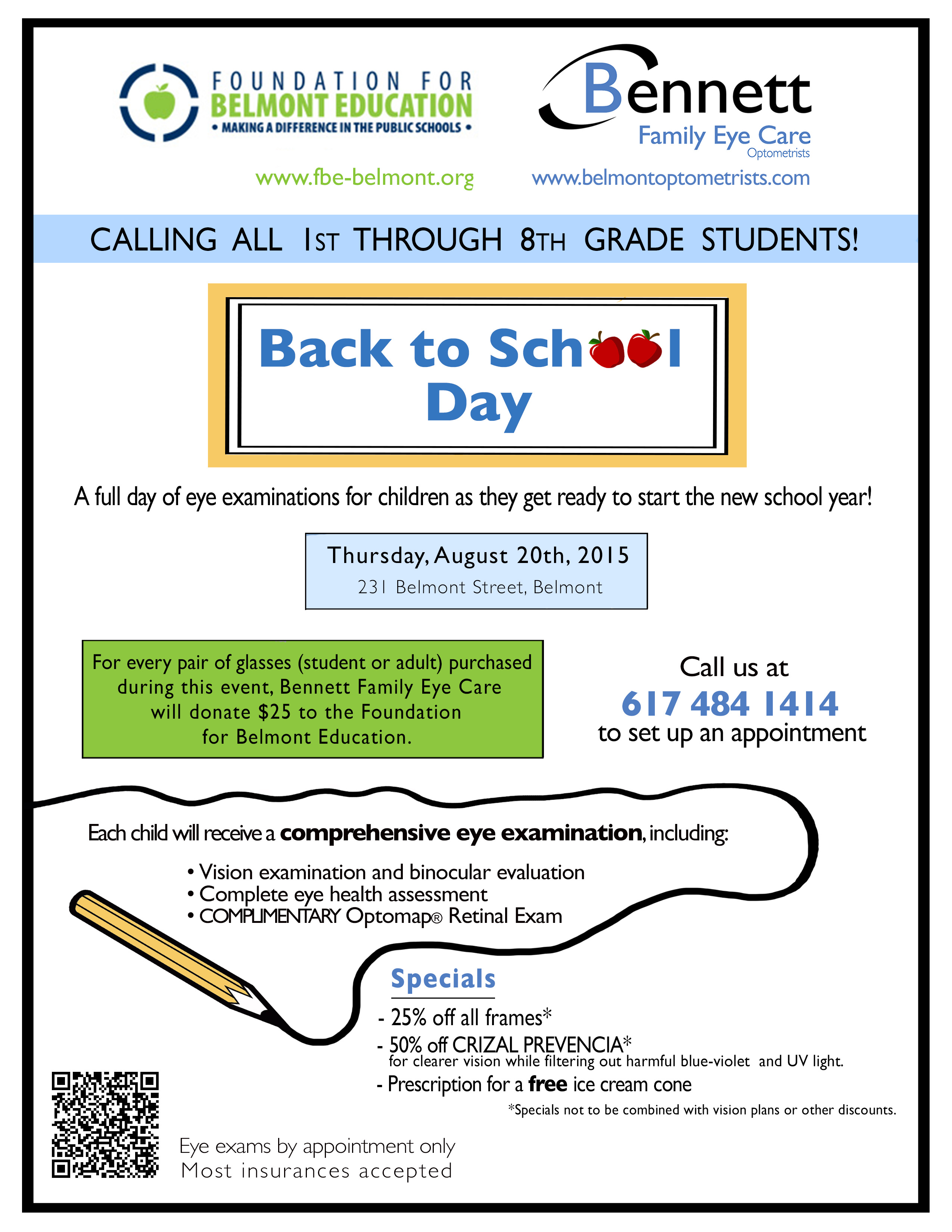 Book your student’s Back to School Day appointment at Bennett Family Eye Care and support the FBE