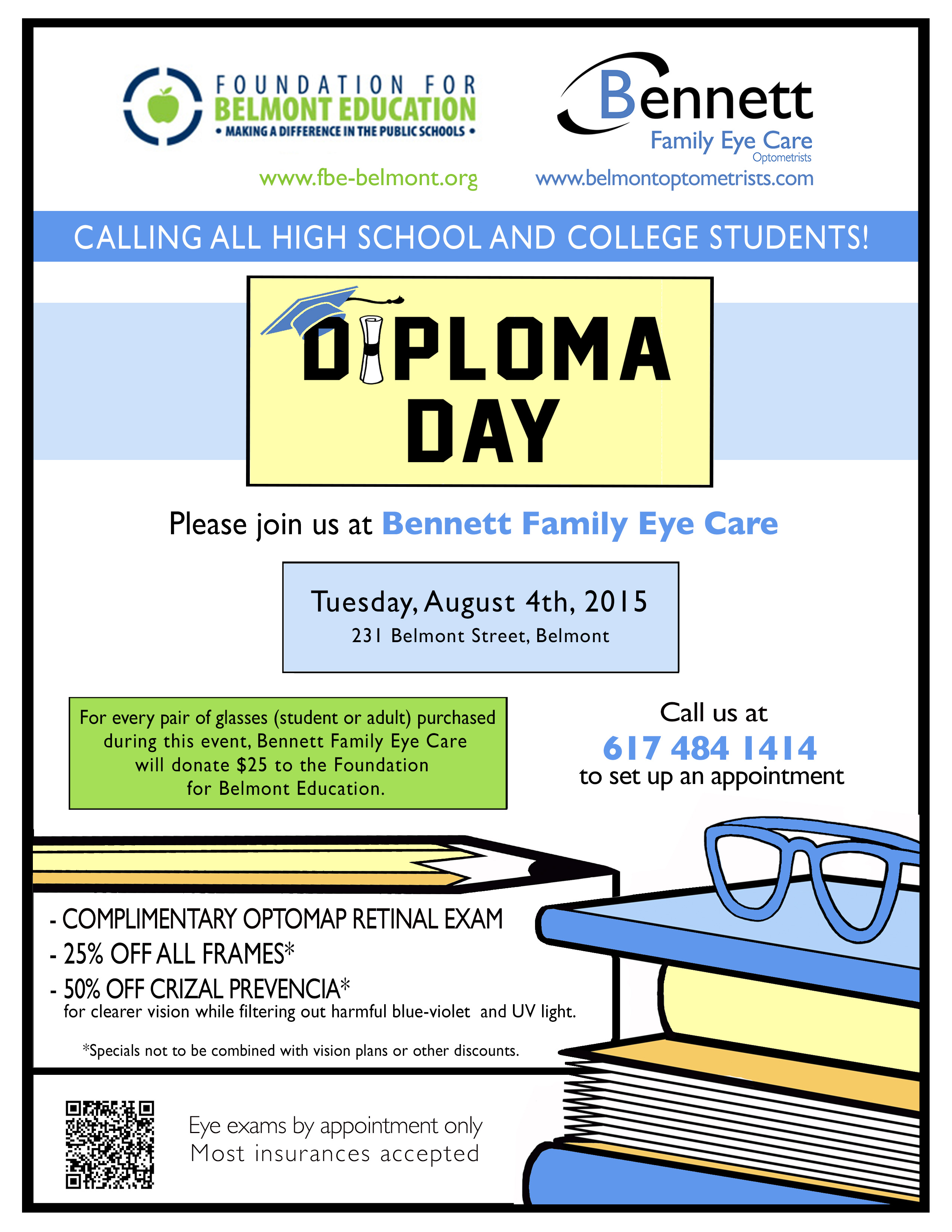 Book your high school or college student’s Diploma Day appointment at Bennett Family Eye Care and support the FBE